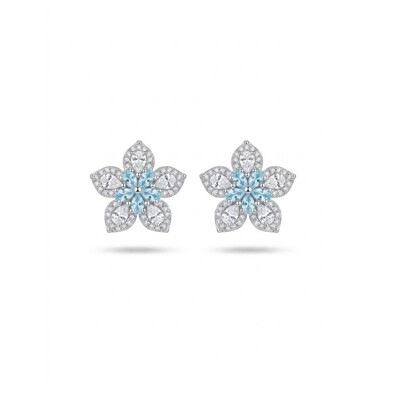 Foto Brinco Flor com Zircônias Brancas e Zircônia Água-Marinha no Centro | Prata 925 com Ródio | 1,4 cm