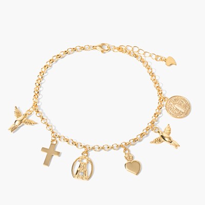 Foto Pulseira Espírito Santo, São Bento e Nossa Senhora Prata com Banho de Ouro 18 K