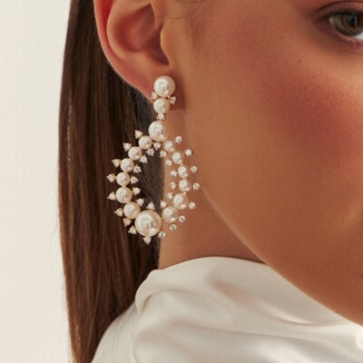 Foto Brinco Pêndulo Gota Pérolas e Zircônias Banho de Ouro 18 K