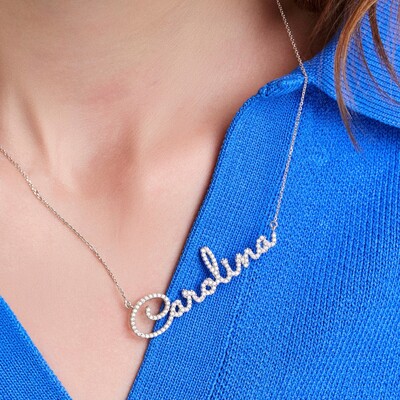 Foto Gargantilha de Moissanite Nome Personalizado até 10 Letras Prata Rodinada 40cm + 5cm
