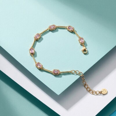 Foto Pulseira Pedras Retangulares Intercaladas Rosa Claro | Banho de Ouro 18k | 5x3mm | Regulável 18–20cm