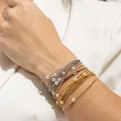 Foto Pulseira Corda de Violão Pérolas Ródio Branco