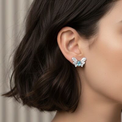 FotoBrinco Borboleta Gota Água Marinha Ródio Branco