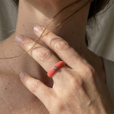 FotoAnel Ajustável em Silicone Coral com Moissanite 2mm Prata 925