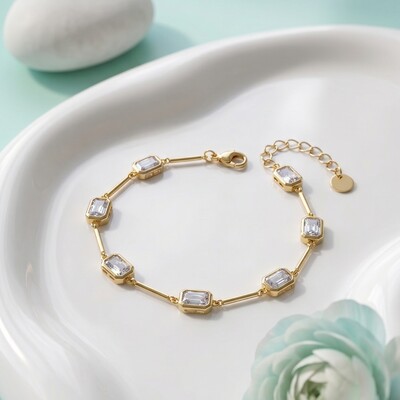 Foto Pulseira Pedras Retangulares Intercaladas Azul Claro | Banho de Ouro 18k | 5x3mm | Regulável 18–20cm