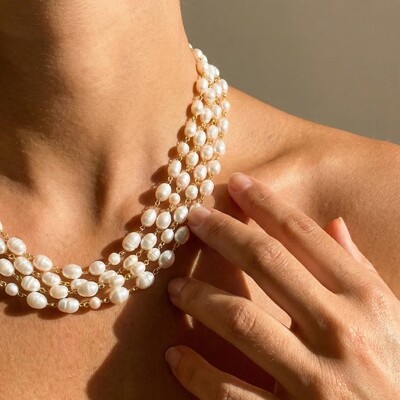 Foto Colar 4 Fios Pérola de Água Doce | Banho de Ouro 18k | Regulável 40–45cm
