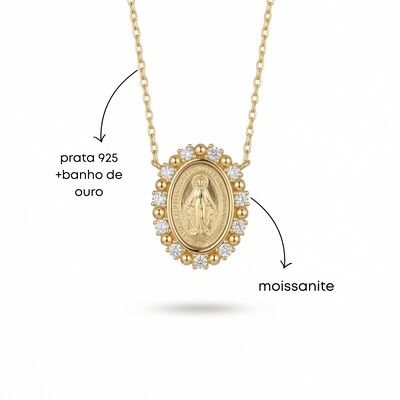 Foto Colar Nossa Senhora das Graças Moissanite e Esferas | Prata com Banho de Ouro 18k | Medalha Milagros