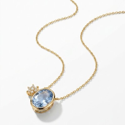 Foto Colar Cristal London Blue Oval com Estrela de Zircônias | Liga Metálica Banho Ouro 18k | 50 cm
