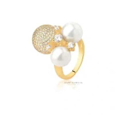 Foto Anel Esfera Cravejada Pérola Shell Banho de Ouro 18 K
