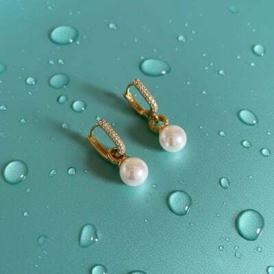 FotoArgola Retangular 2 em 1 Zircônias e Pérola Shell Banho de Ouro 18 K