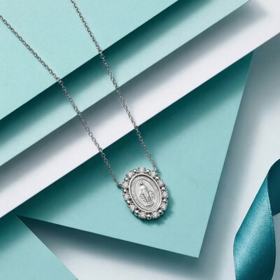 FotoColar Nossa Senhora das Graças Moissanite e Esferas | Prata 925 com Ródio Branco | Medalha Milagrosa