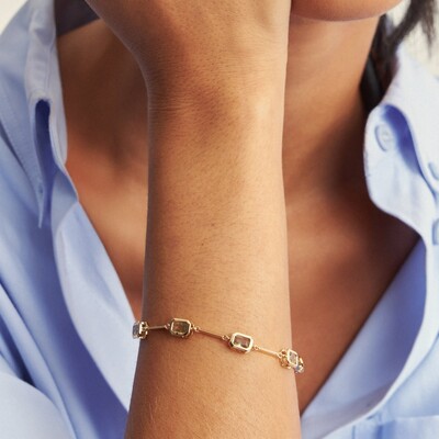 FotoPulseira Pedras Retangulares Intercaladas Azul Claro | Banho de Ouro 18k | 5x3mm | Regulável 18–20cm