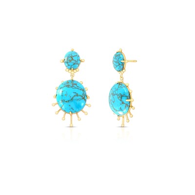 Foto Brinco Pêndulo Redondo Turquesa Banho de Ouro 18 K