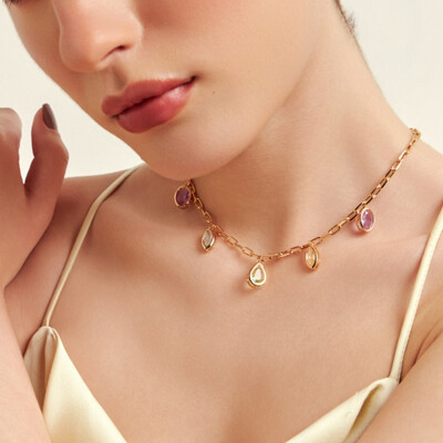 Foto Colar Elos Ovais Coloridos Banho de Ouro 18 K