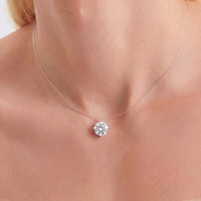 Foto Colar Fio de Nylon Solitário Moissanite Redondo G | Prata 925 com Ródio | 35 cm + Extensor