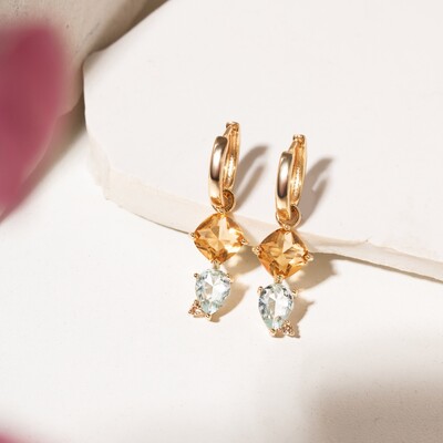 Foto Brinco Ear Bling Quadrado e Gota Topázio Azul, Citrino e Zircônia Champagne Banho de Ouro 18k