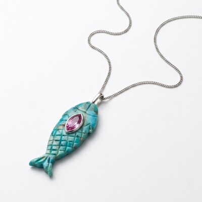 Foto Colar Ichthys em Turquesa Reconstituída com Zircônia Navete Turmalina Pink | Prata 925 com Ródio | 4