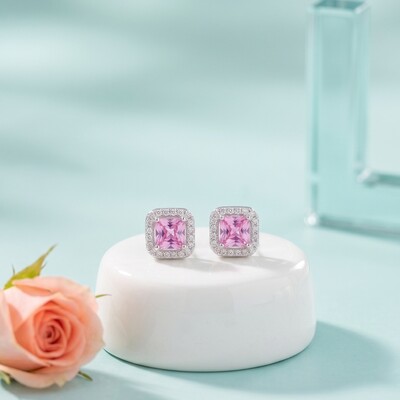 FotoBrinco Quadrado Zircônia Turmalina Pink com Halo | Prata 925 com Ródio Branco | 7mm