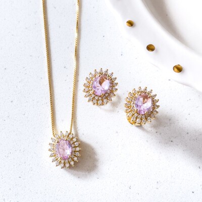 Foto Conjunto Oval Brisa Roxo Claro Banho de Ouro 18 K