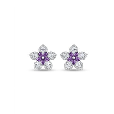 Foto Brinco Flor com Zircônias Brancas e Zircônia Alexandrita no Centro | Prata 925 com Ródio | 1,4 cm
