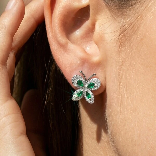 Brinco Borboleta Zircônia Esmeralda Prata 925