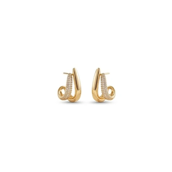 Brinco Curvo Duas Voltas Lisa e Zircônias | Banho de Ouro 18k | 2,2x1cm