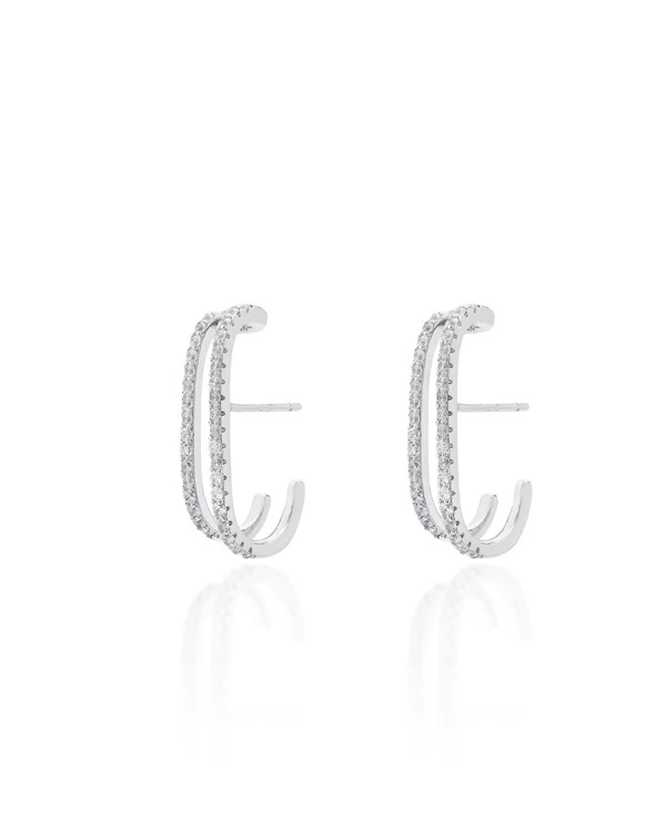 Brinco Ear Hook Duas Fileiras de Zircônias Prata com Banho de Ródio Branco