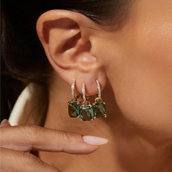 Brinco Argola com Zircônias e Pingente Cristal Peridoto | Liga Metálica Banho Ouro 18k