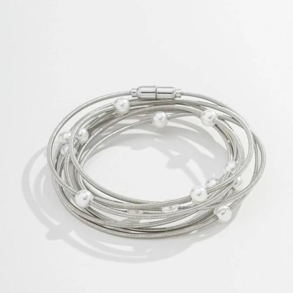 Pulseira Corda de Violão Pérolas Ródio Branco