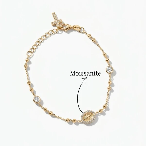 Pulseira Nossa Senhora das Graças com Cruz e Moissanites | Corrente Bolinhas | Prata 925 com Banho O