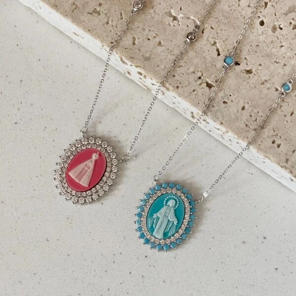 Colar Nossa Senhora Aparecida Camafeu Coral Prata 925