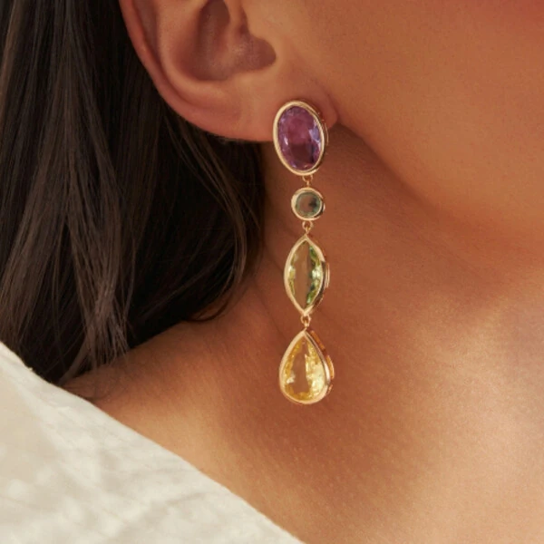 Brinco Pêndulo Colorido M Brisa Banho de Ouro 18 K