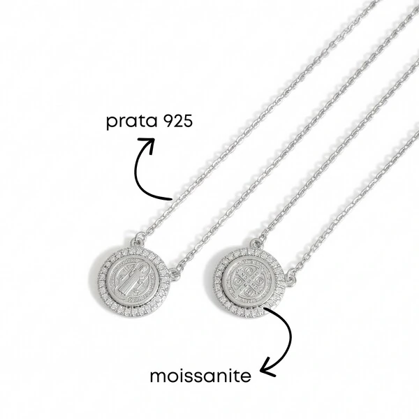 Colar Escapulário Medalha de São Bento Moissanite Prata 925