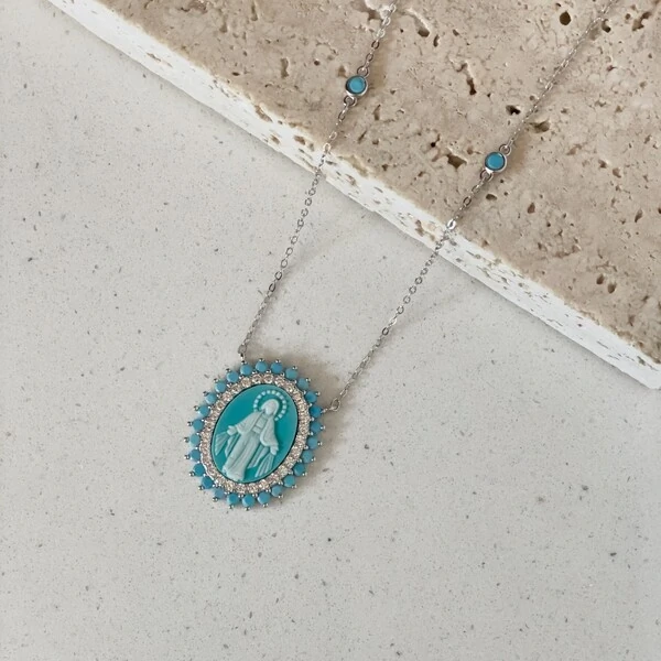 Colar Nossa Senhora das Graças Camafeu Turquesa Prata 925
