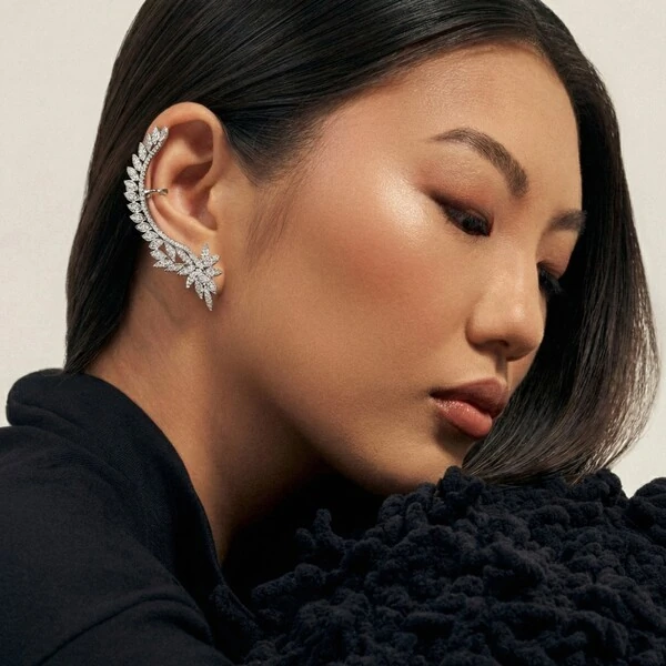 Brinco Max Ear Cuff Folhas Ródio Branco