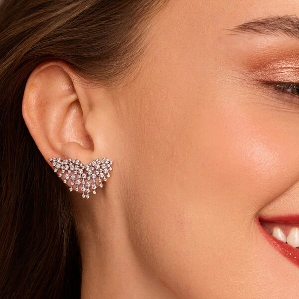 Brinco Ear Cuff Cometa Zircônias | Ródio Branco | Tarraxa Vírgula