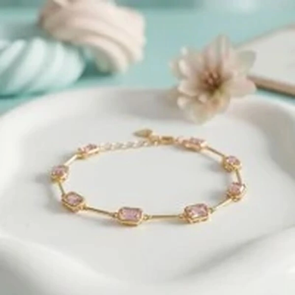 Pulseira Pedras Retangulares Intercaladas Rosa Claro | Banho de Ouro 18k | 5x3mm | Regulável 18–20cm