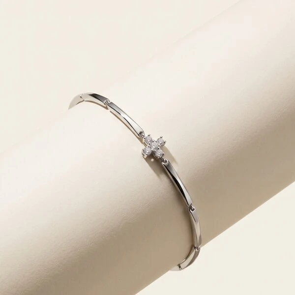 Pulseira com Plaquinhas e Cruz de Zircônias | Prata 925 com Ródio | 15 cm + 5 cm extensor
