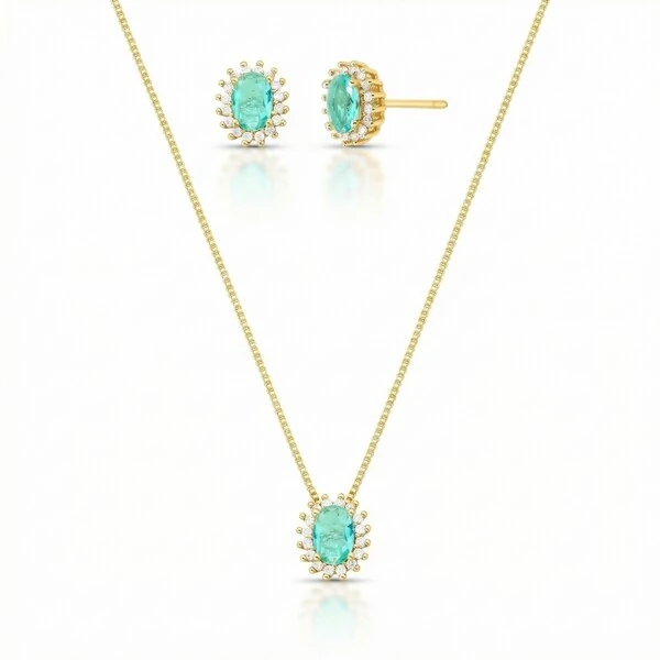 Conjunto Oval Turmalina Paraíba Princesa Banho de Ouro 18 K
