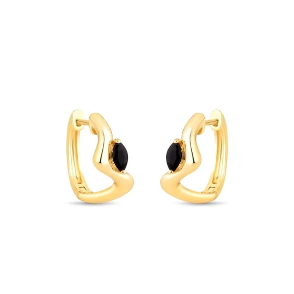 Argola Curva com Cristal Navete Preto | Liga Metálica Banho Ouro 18k | 1,9 cm × 2,2 cm