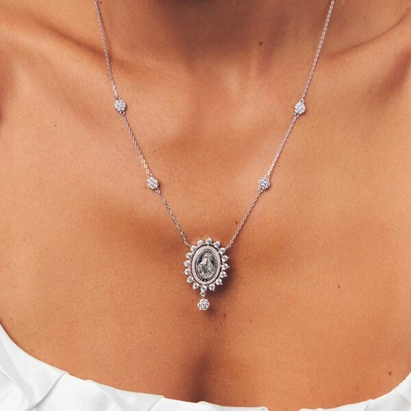 Colar Nossa Senhora das Graças Zircônias e Cristal Gota | Prata 925 com Ródio Branco | 50+5cm | Ping