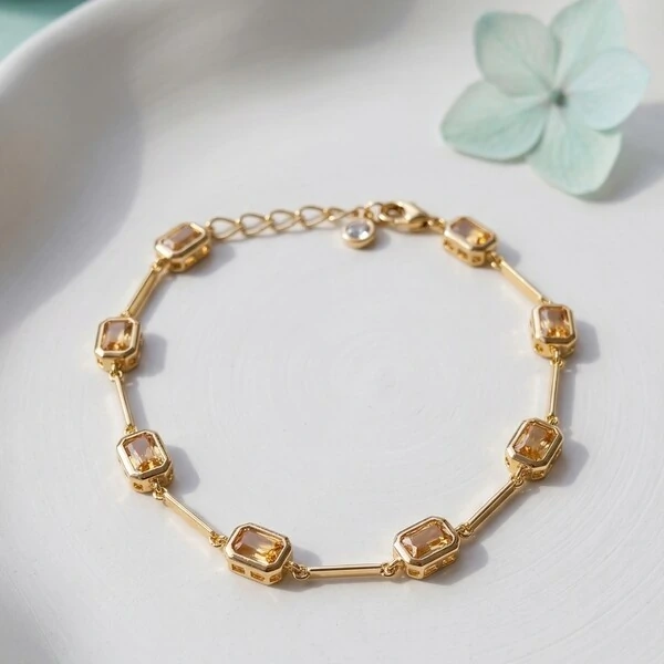 Pulseira Pedras Retangulares Intercaladas Laranja | Banho de Ouro 18k | 5x3mm | Regulável 18–20cm