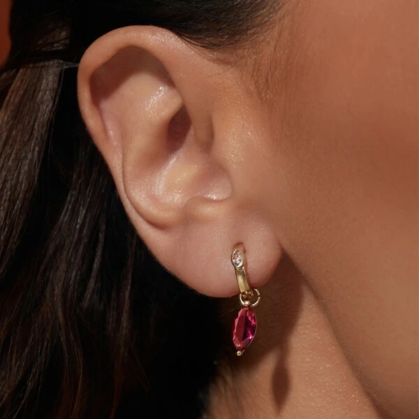 Brinco Ear Bling Navete Turmalina Rosa e London Blue Banho de Ouro 18k