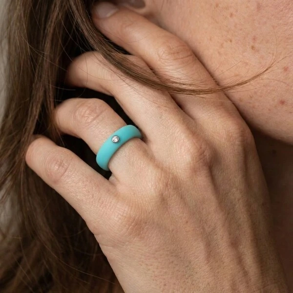Anel Ajustável em Silicone Turquesa com Moissanite 2mm Prata 925