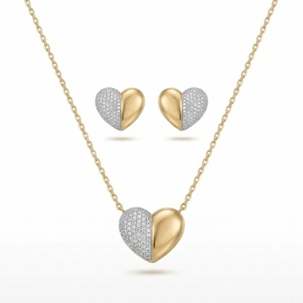 Conjunto Heart Fosco Acetinado e Zircônias | Banho de Ouro 18k | Brinco 1,9cm + Colar Pingente 1,9cm