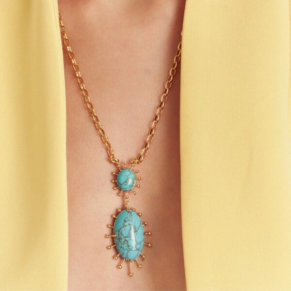 Colar Pêndulo Oval Turquesa Banho de Ouro 18 K