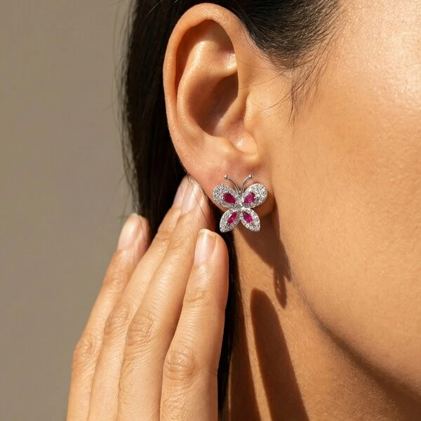 Brinco Borboleta Zircônia Rubi Prata 925