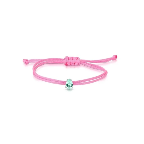Pulseira Regulável com Fio Encerado Rosa Gota Verde Paraíba Prata 925