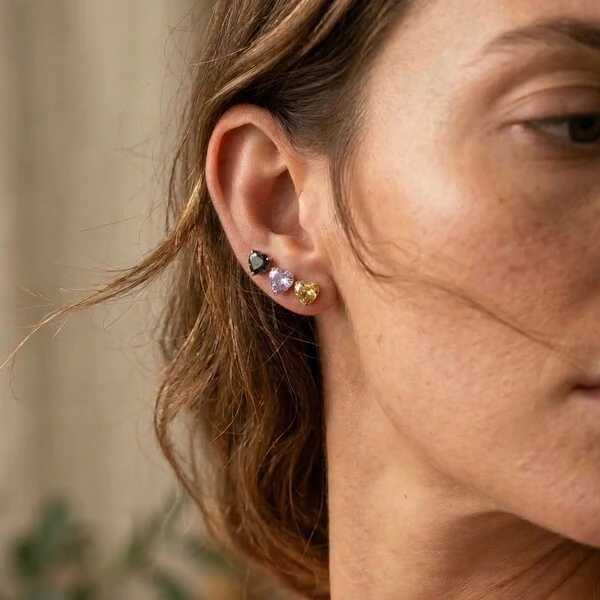 Trio de Brincos Lapidação Coração Ródio Branco