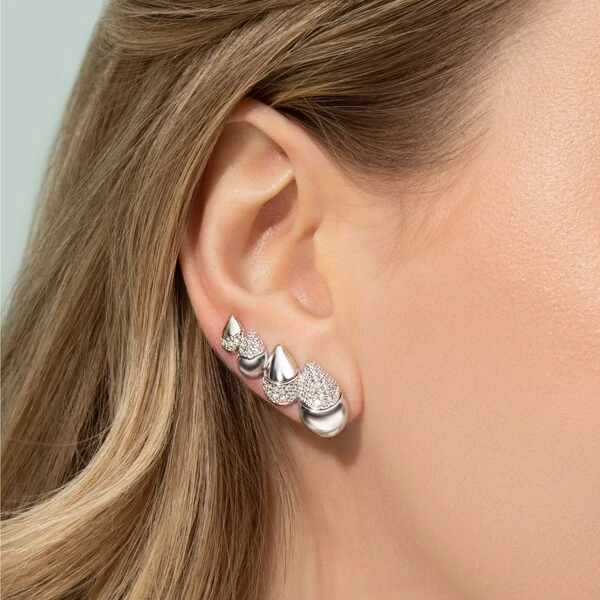 Brinco Ear Cuff Gotas Cravejadas e Lisas Ródio Branco